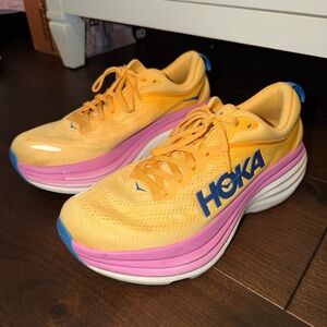 Hoka Bondi 8 Yellow and Pink Running Shoes